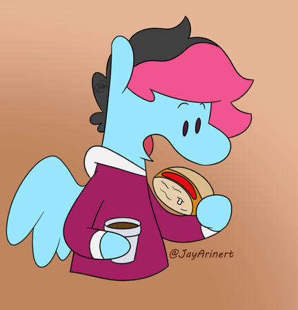 Drawing featuring one of my original characters eating rosca de reyes and hot cocoa