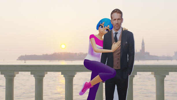 Kevin posing with a Ryan Reynolds cardboard cutout. All models by me. HDRI and marble texture from a 3D asset library