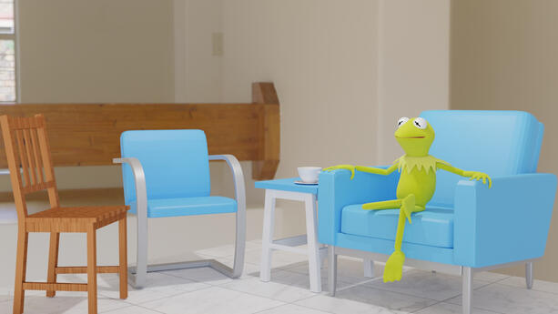 Scene featuring Kermit the Frog. Furniture made by me, Kermit model aquired from a 3D asset library